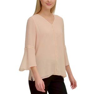 NWT Womens Size Medium Calvin Klein Blush Sheer Blouse Top with Pearl Details